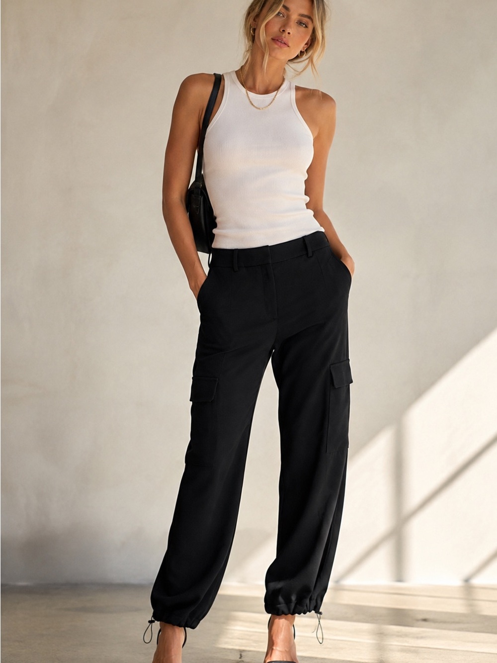 Express Black Cargo Utility Pants Women’s 0 Short Drawstring Hem Wide Leg